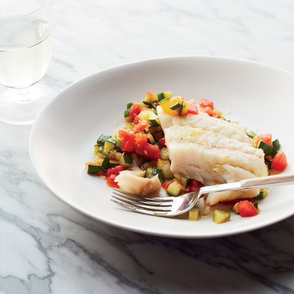 pan-seared-halibut-with-warm-marinated-heirloom-tomato-and-baby-squash-salad