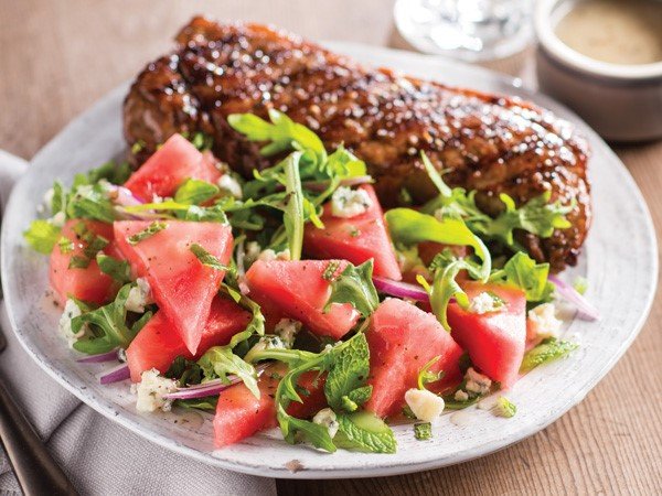 watermelon-arugula-salad-with-strip-steak